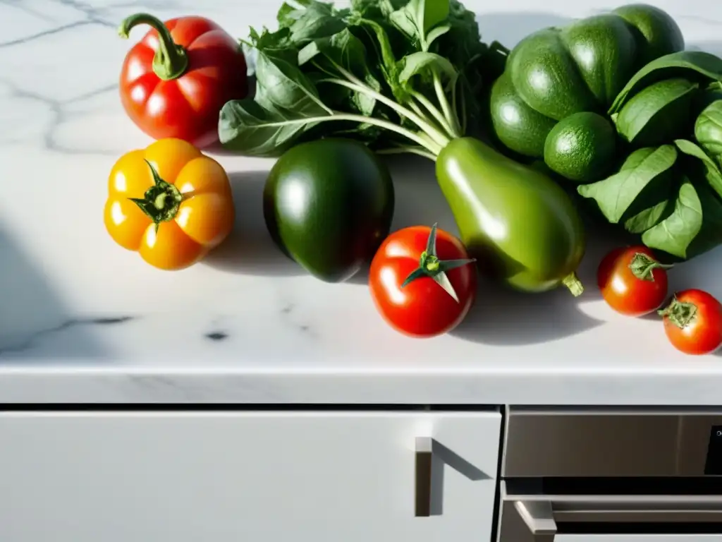 Una composición vibrante de vegetales frescos en una cocina minimalista