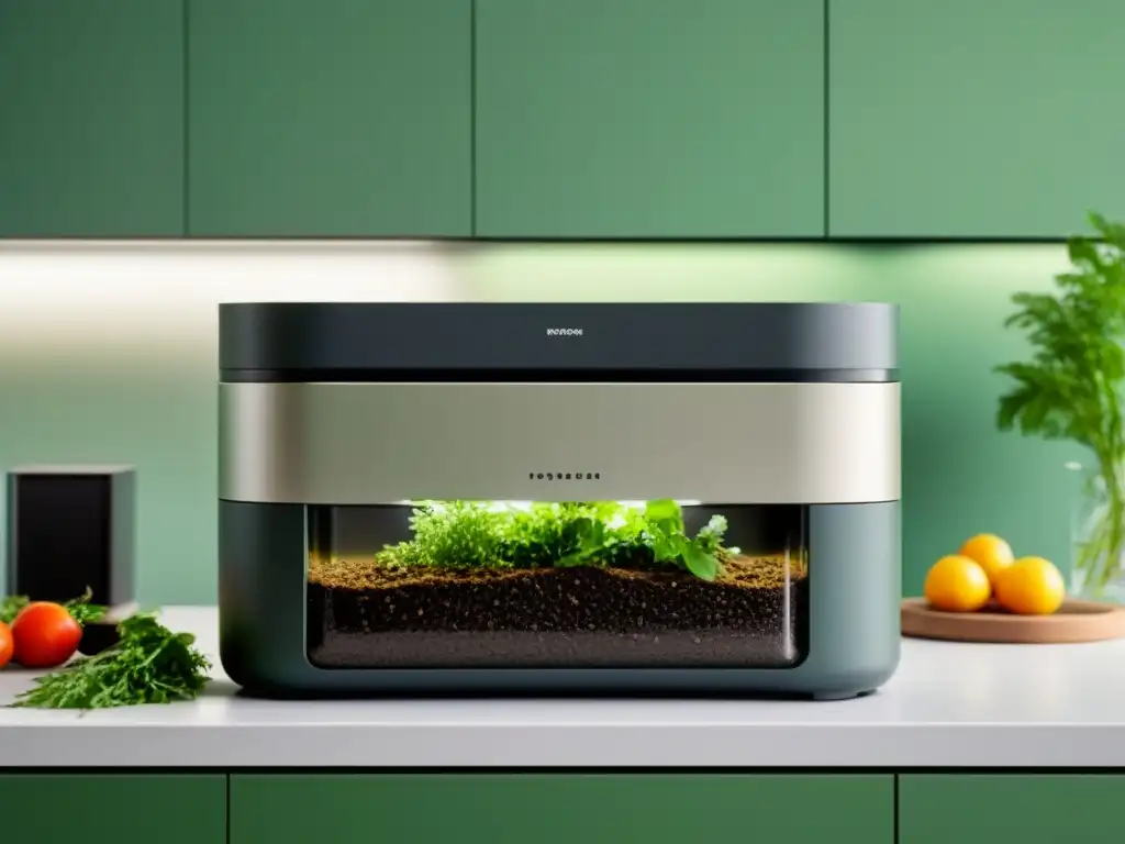 Un compostador futurista integrado en una cocina moderna, simbolizando tecnología y sostenibilidad con un toque de naturaleza