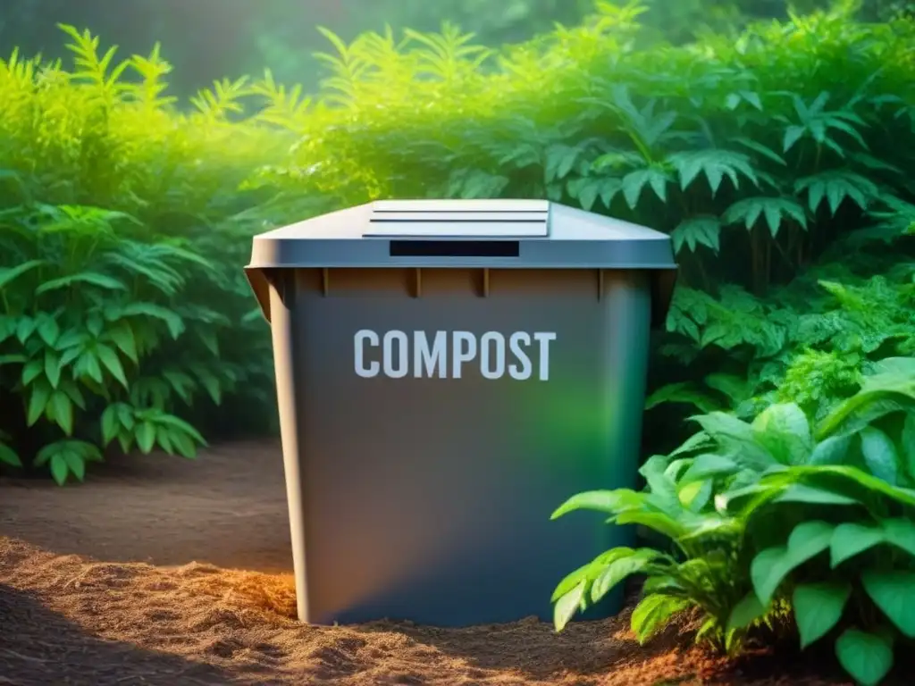 Un compostador rodeado de plantas verdes, bañado por la luz del sol