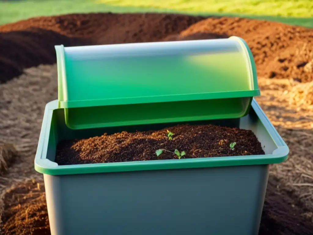 Un compostador transparente lleno de capas de materiales orgánicos verdes y marrones, iluminado por el sol, reflejando el proceso de compostaje casero paso a paso