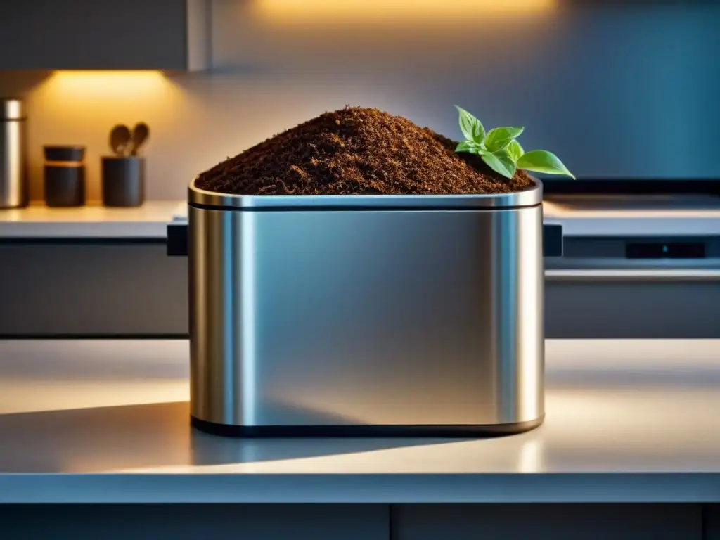 Un compostaje casero paso a paso: un contenedor de acero inoxidable en una cocina, con capas de desechos orgánicos y tierra, iluminado suavemente