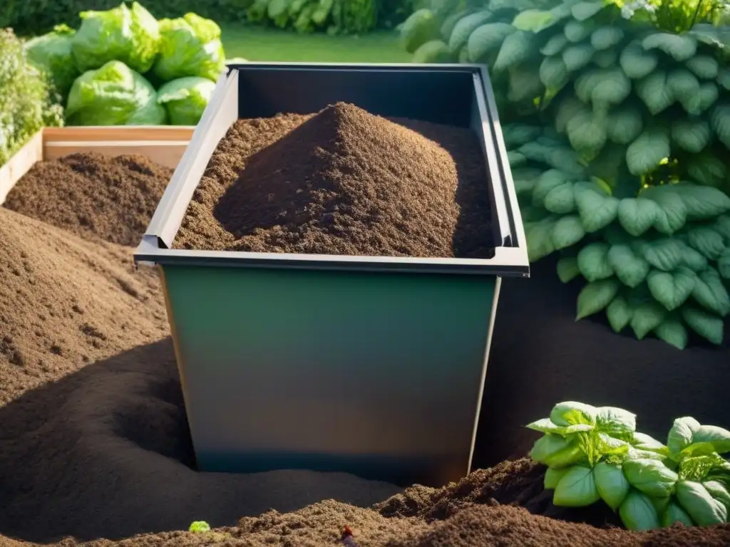 Un compostaje residuos orgánicos sostenible en un jardín, con capas de desechos orgánicos, tierra y hojas verdes en un contenedor, bajo la luz del sol