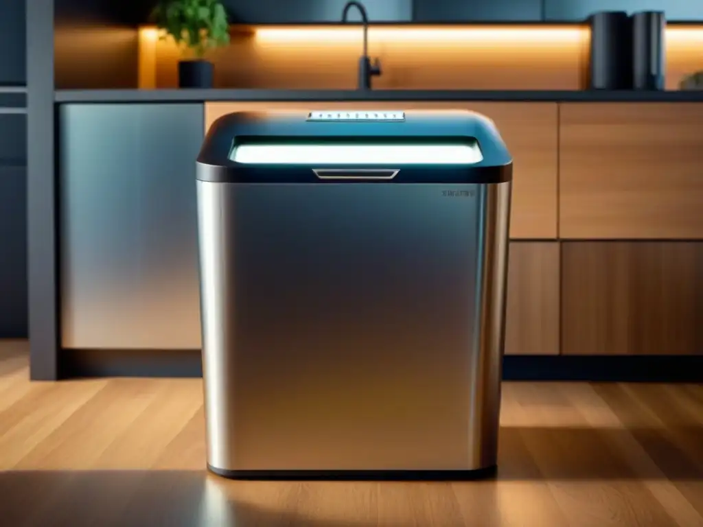 Compostaje urbano sostenible en casa: un contenedor moderno de compost en una cocina minimalista, bañado por la luz del sol