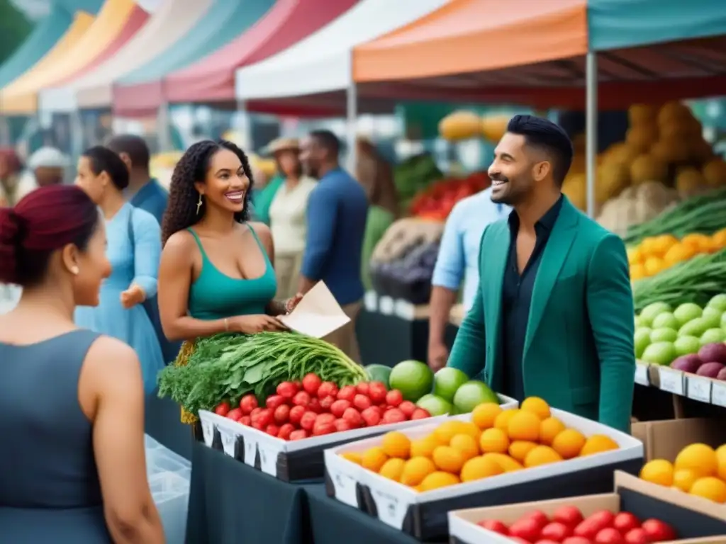 Compra consciente productos ecológicos en un animado mercado de agricultores, donde la comunidad elige con cuidado entre frutas y verduras frescas