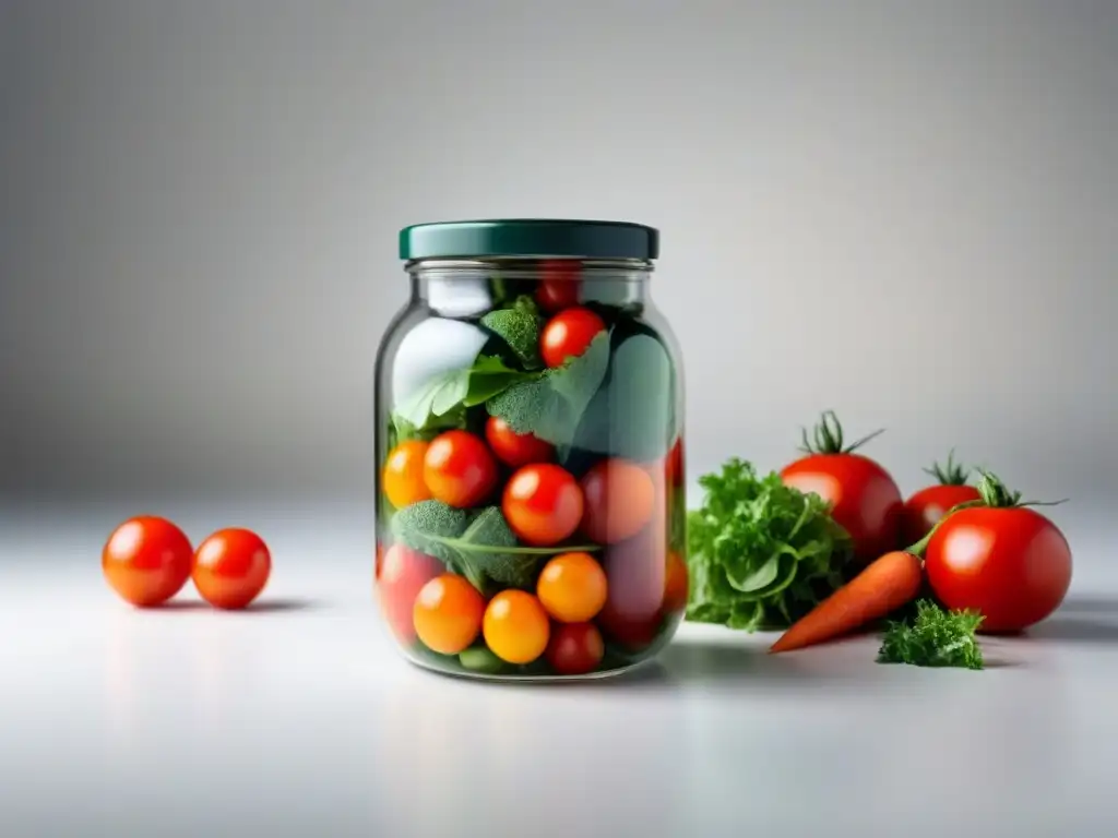 Compra consciente: tarro de vidrio con alimentos frescos, como tomates rojos, lechuga verde y zanahorias naranjas