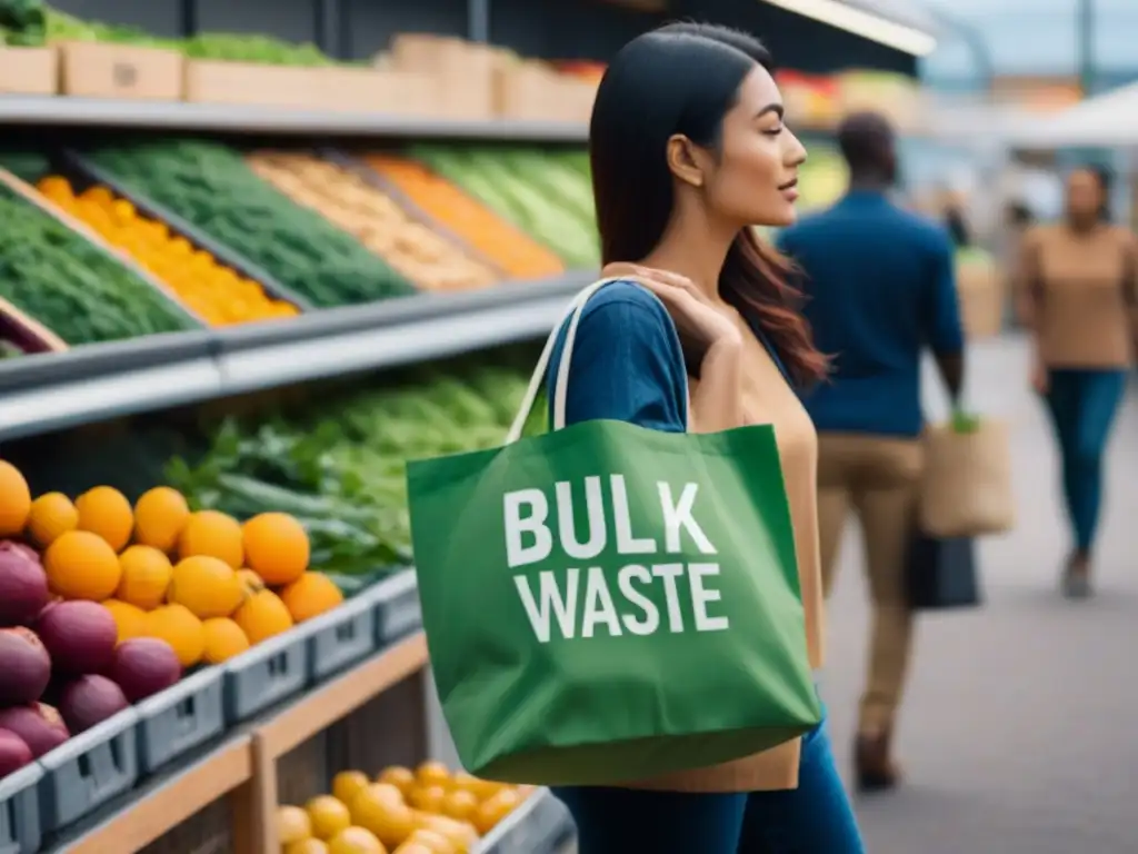 Compra consciente en tienda zero waste: persona sostenible con bolsa reutilizable y productos frescos