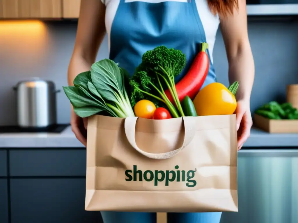 Compra consciente: mano sosteniendo bolsa reutilizable con productos frescos en cocina eco Compra consciente y vida sostenible: mano sosteniendo bolsa con productos frescos rodeada de artículos ecoamigables en cocina moderna