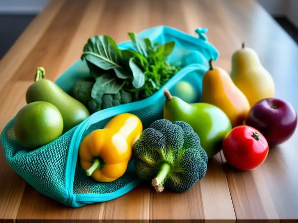 Compra a granel reducir residuos: Frutas y verduras coloridas en bolsas ecológicas sobre mostrador de madera