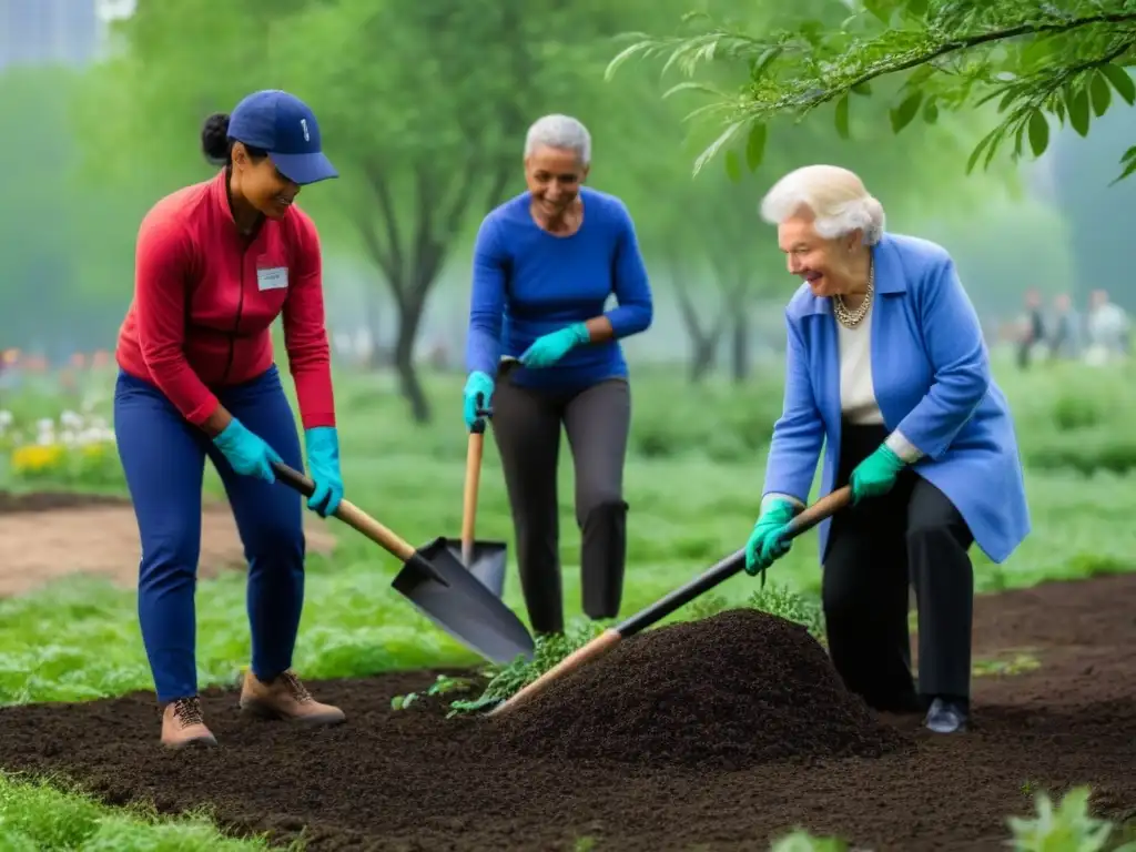 Comunidad plantando árboles y flores en parque urbano