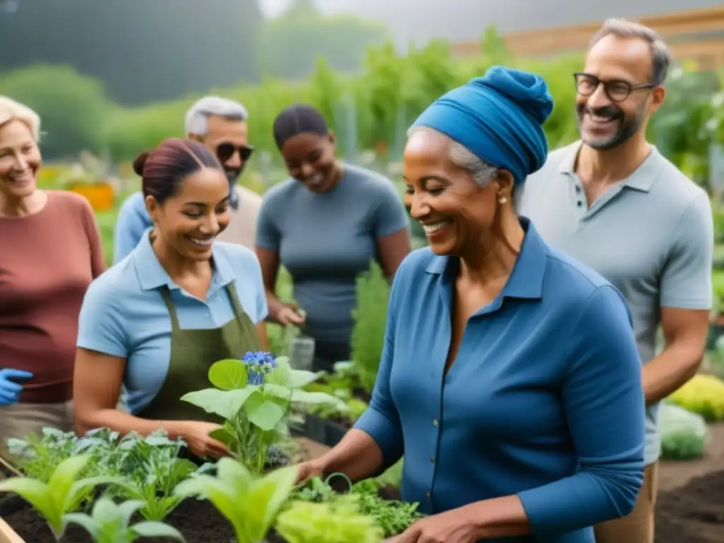 Comunidad diversa colabora en jardín, evocando armonía y Beneficios de las Apps de Compartir