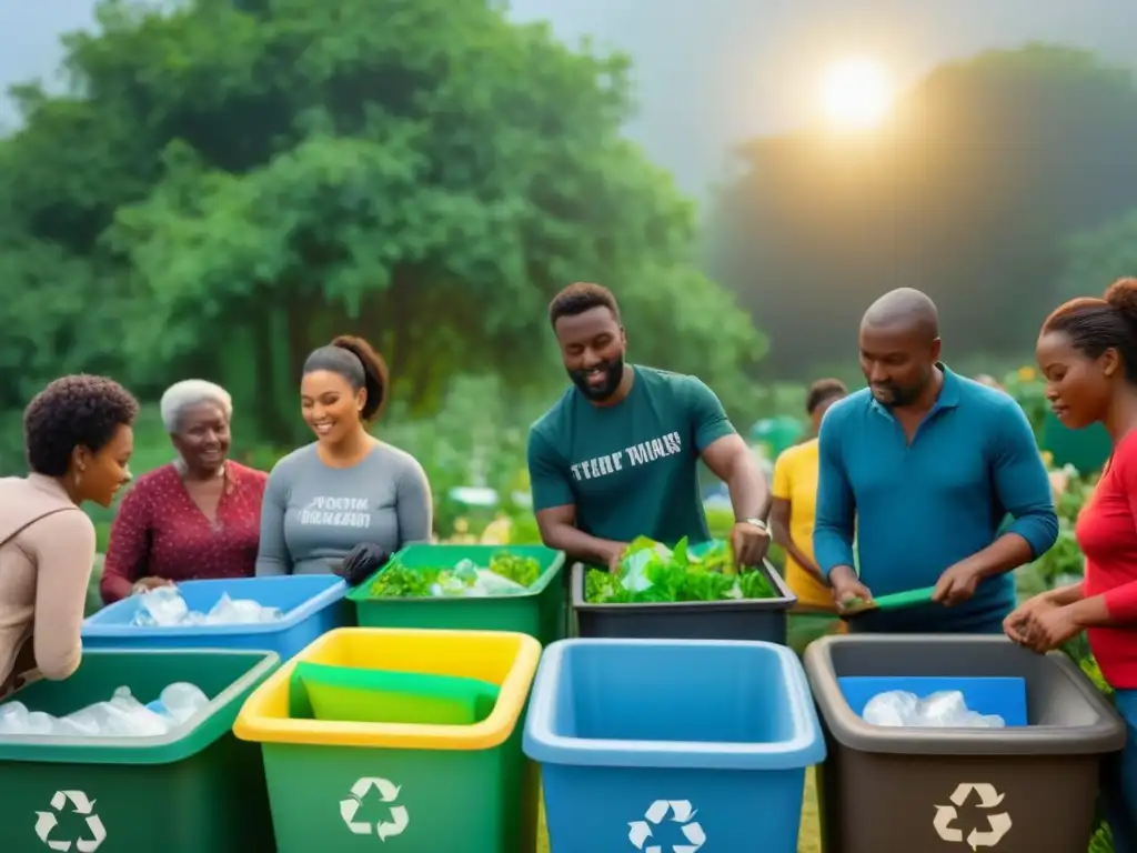 Una comunidad diversa recicla en armonía en un jardín colorido