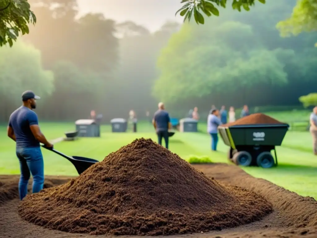 Una comunidad diversa se une en el compostaje en un parque verde y sereno