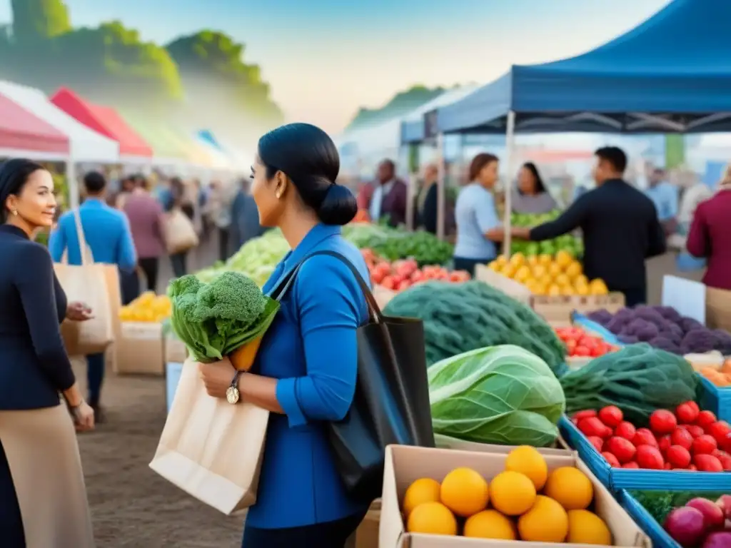 Una comunidad diversa compra consciente productos ecológicos en el mercado de agricultores