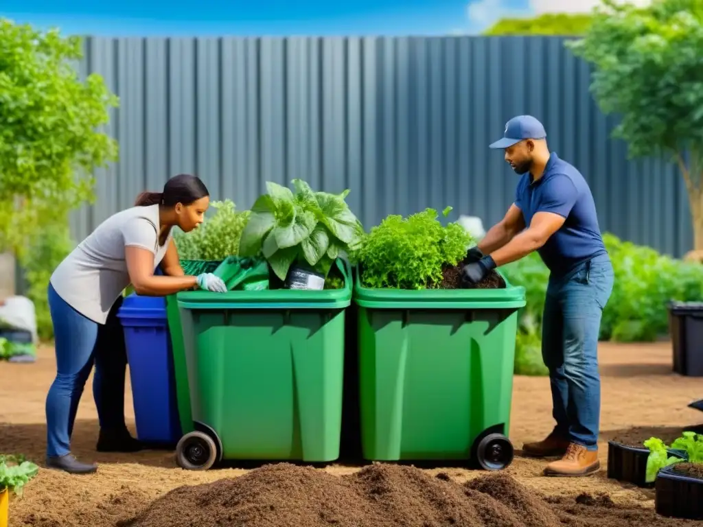 Comunidad diversa colaborando en jardín comunitario con reciclaje y compostaje