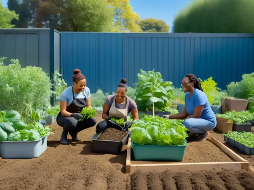 Una comunidad diversa colabora alegremente en un jardín comunitario rodeado de compostaje y herramientas sostenibles bajo un cielo azul claro