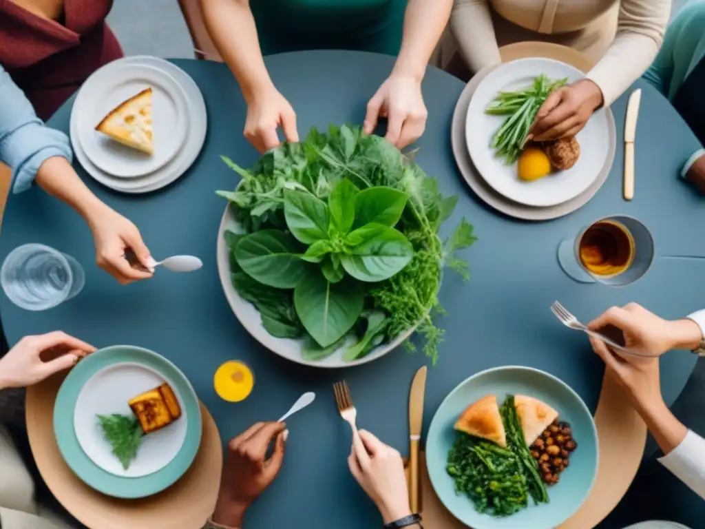 Una comunidad diversa disfruta de una comida sustentable, transmitiendo conexión y alegría