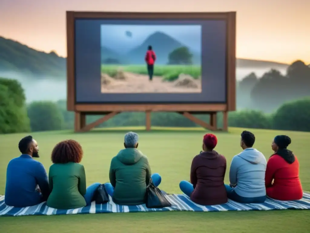 Comunidad diversa viendo documental sobre reciclaje educativo bajo las estrellas