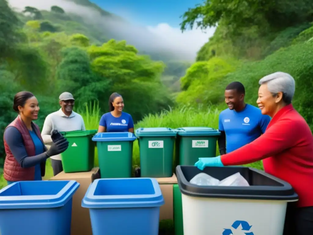 Una comunidad diversa colabora con entusiasmo en proyectos de reciclaje sostenible