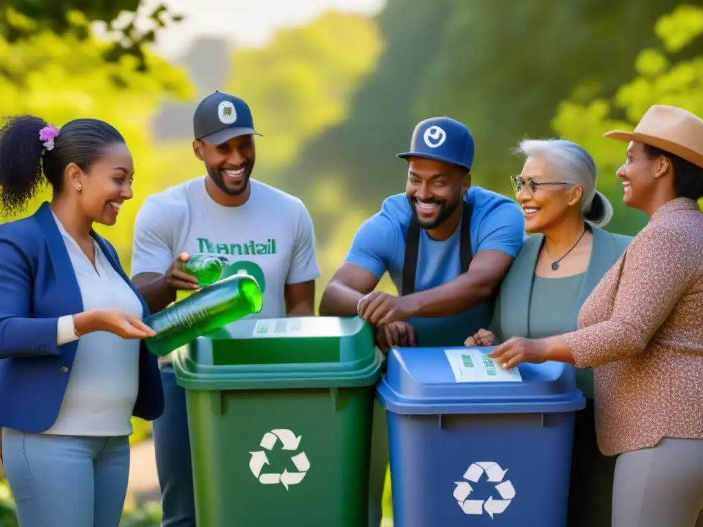 Una comunidad diversa participa con entusiasmo en un taller de reciclaje al aire libre, rodeada de naturaleza