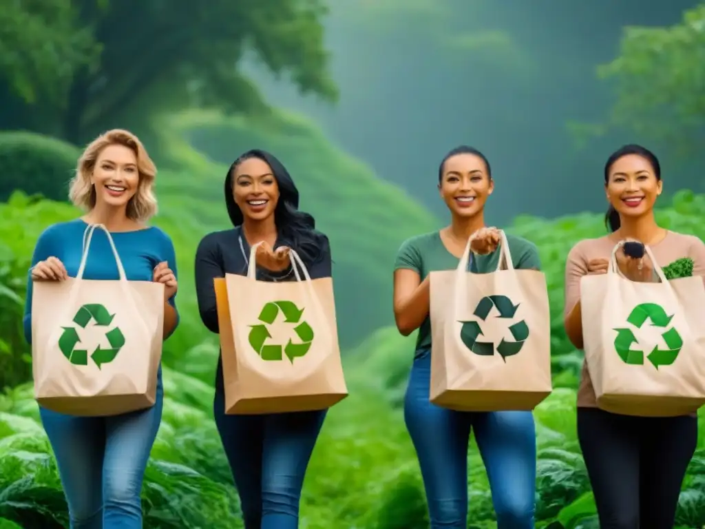 Comunidad diversa promoviendo estilo de vida zero waste con sonrisas y bolsas reutilizables entre símbolos reciclaje y naturaleza