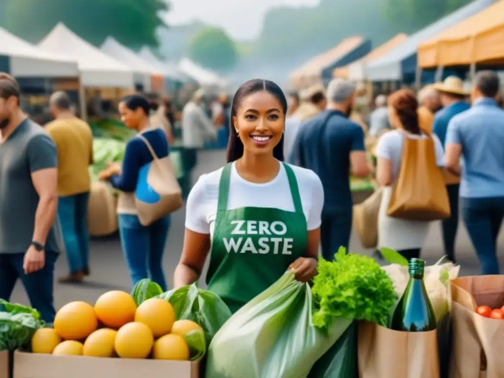 Comunidad diversa adoptando un estilo de vida zero waste con reciclaje, compostaje y productos reutilizables en el mercado