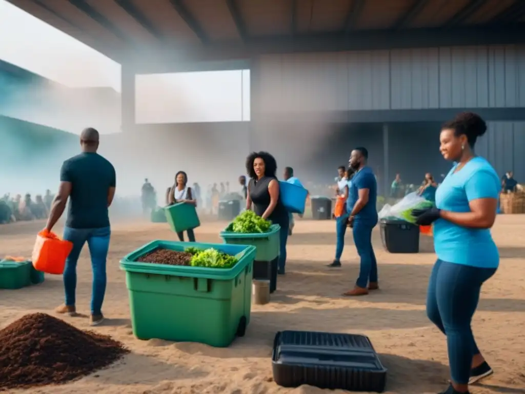 Comunidad diversa en evento zero waste: reciclaje, compostaje y prácticas ecoamigables