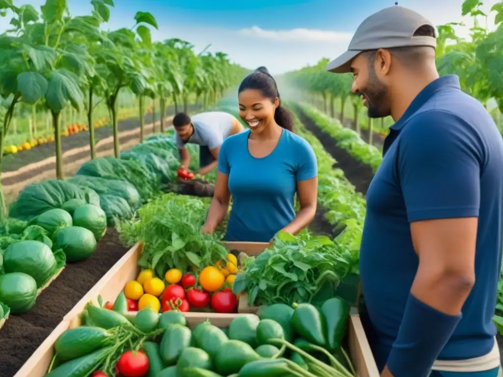 Una comunidad diversa cosechando frutas y vegetales en un jardín próspero, transmitiendo alimentación consciente sostenible impacto