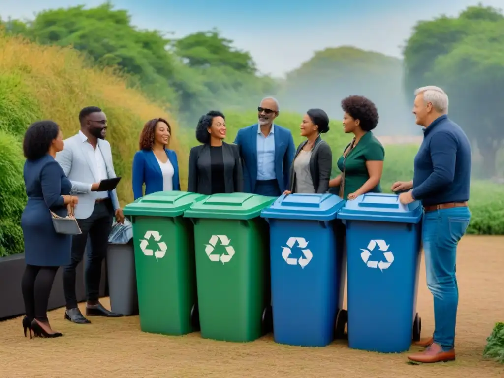 Una comunidad diversa se une en iniciativas globales zero waste sostenible, ordenando reciclaje en parque ecoamigable