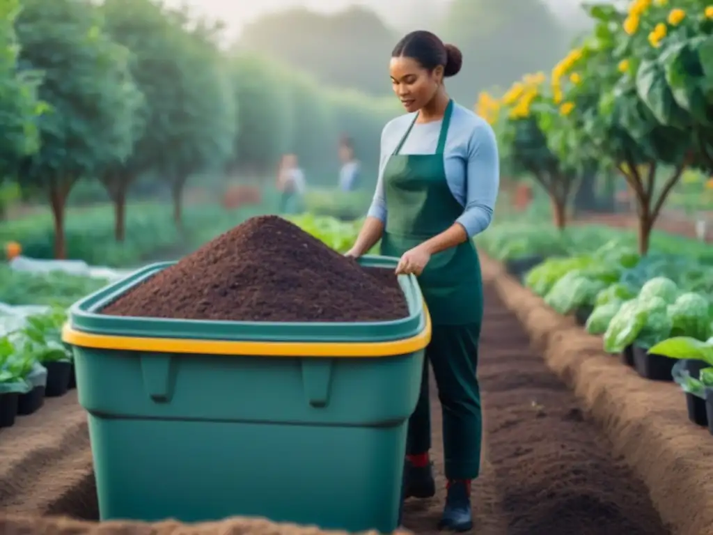 Una comunidad diversa en un jardín, practicando compostaje comunitario estilo de vida sostenible con armonía y cuidado de la naturaleza