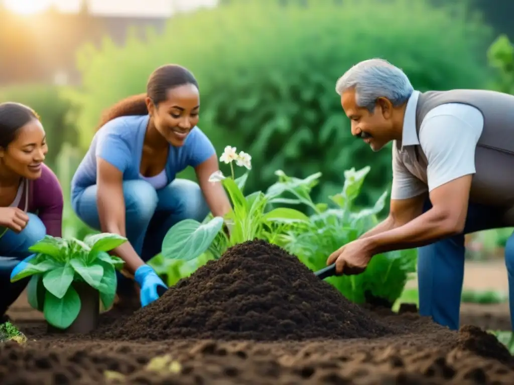 Comunidad diversa cuidando juntos de un jardín sostenible, demostrando el impacto positivo de la inversión sostenible en mercados emergentes