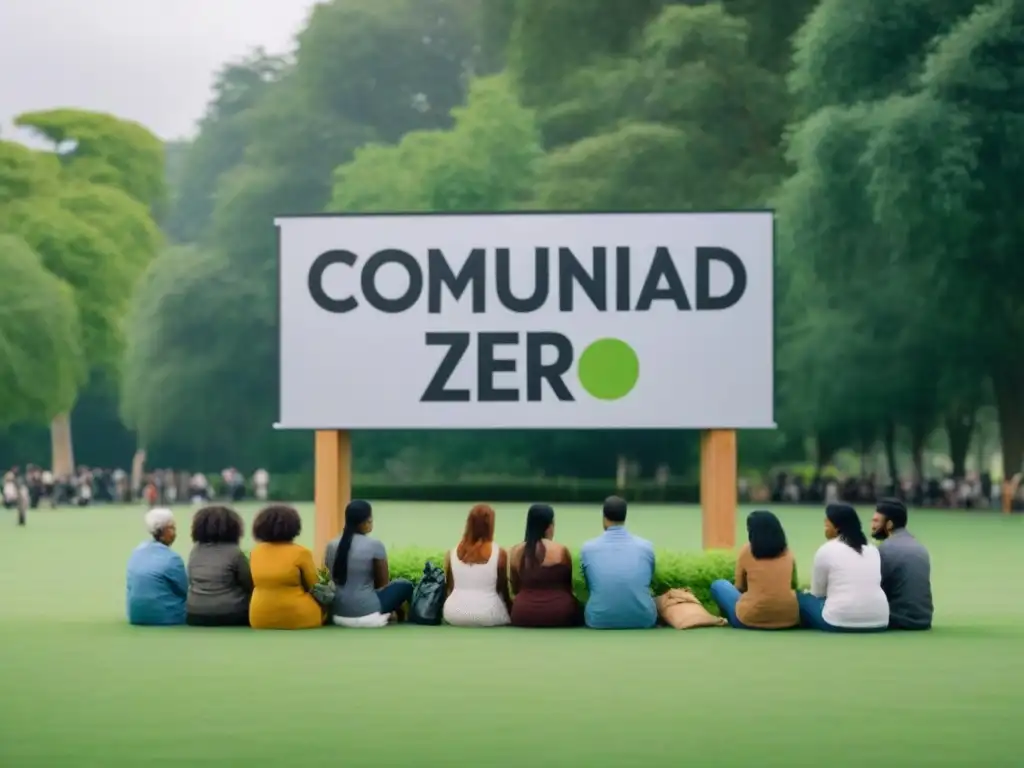 Comunidad diversa en parque verde con letrero 'Comunidad Zero Waste' y actividades sostenibles