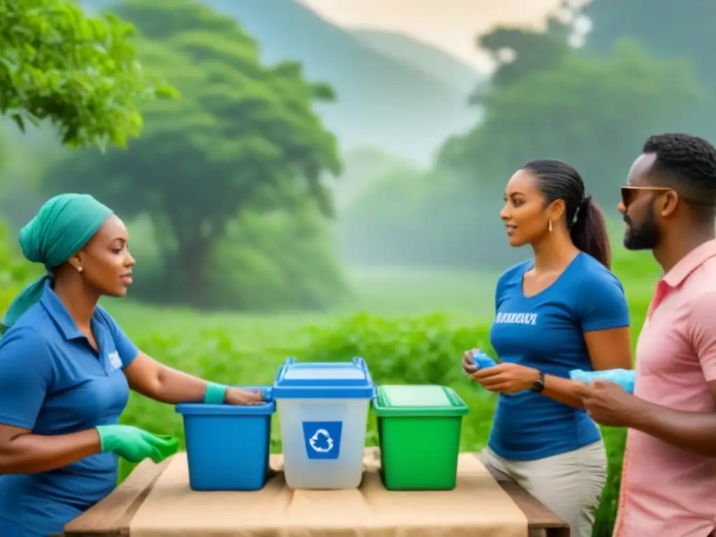 Una comunidad diversa colabora en un taller de reciclaje en un entorno natural, mostrando unidad y sostenibilidad