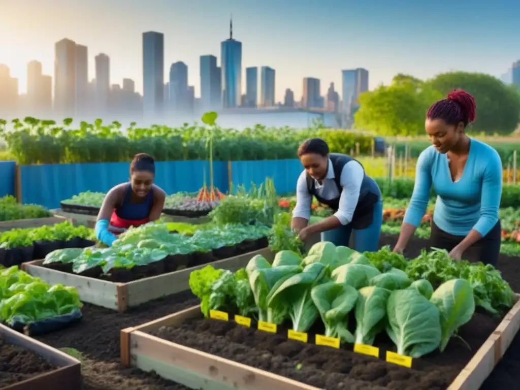 Una comunidad diversa cultiva en talleres huertos urbanos sostenibles, unidos en un jardín vibrante