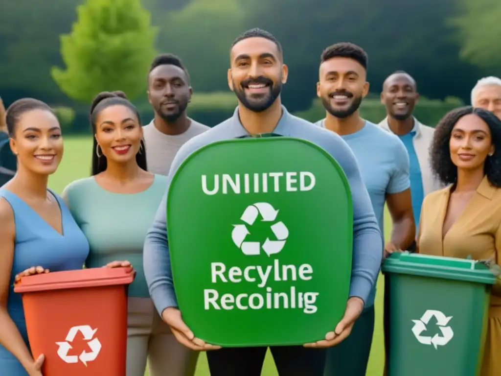 Una comunidad diversa y unida practica el reciclaje inclusivo en un parque verde, reflejando determinación y unidad