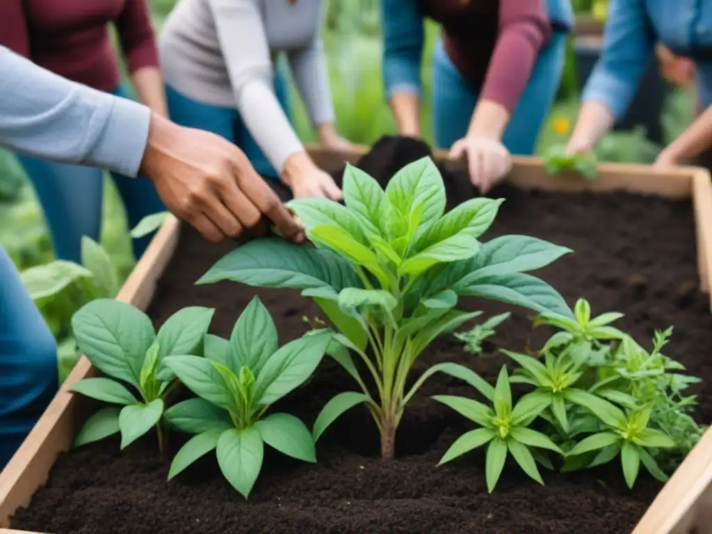 Una comunidad diversa y unida trabajando en un jardín rodeado de naturaleza exuberante, fomentando un estilo de vida Zero Waste