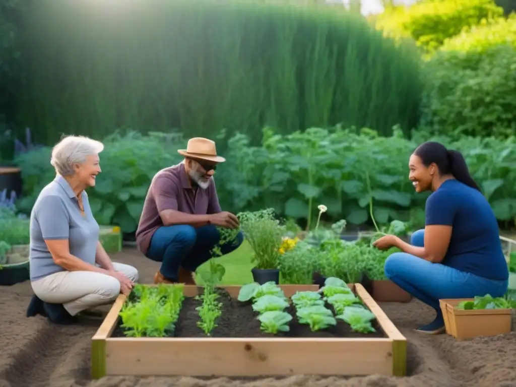 Una comunidad diversa y unida cuidando de un jardín sostenible