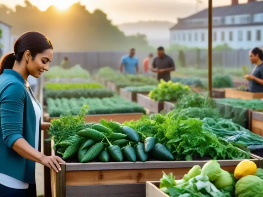 Una comunidad diversa cosechando en un jardín urbano sostenible al atardecer