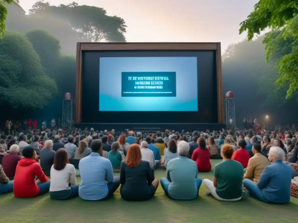 Comunidad viendo documentales sobre reciclaje educativos en cine al aire libre rodeados de naturaleza y arte reciclado