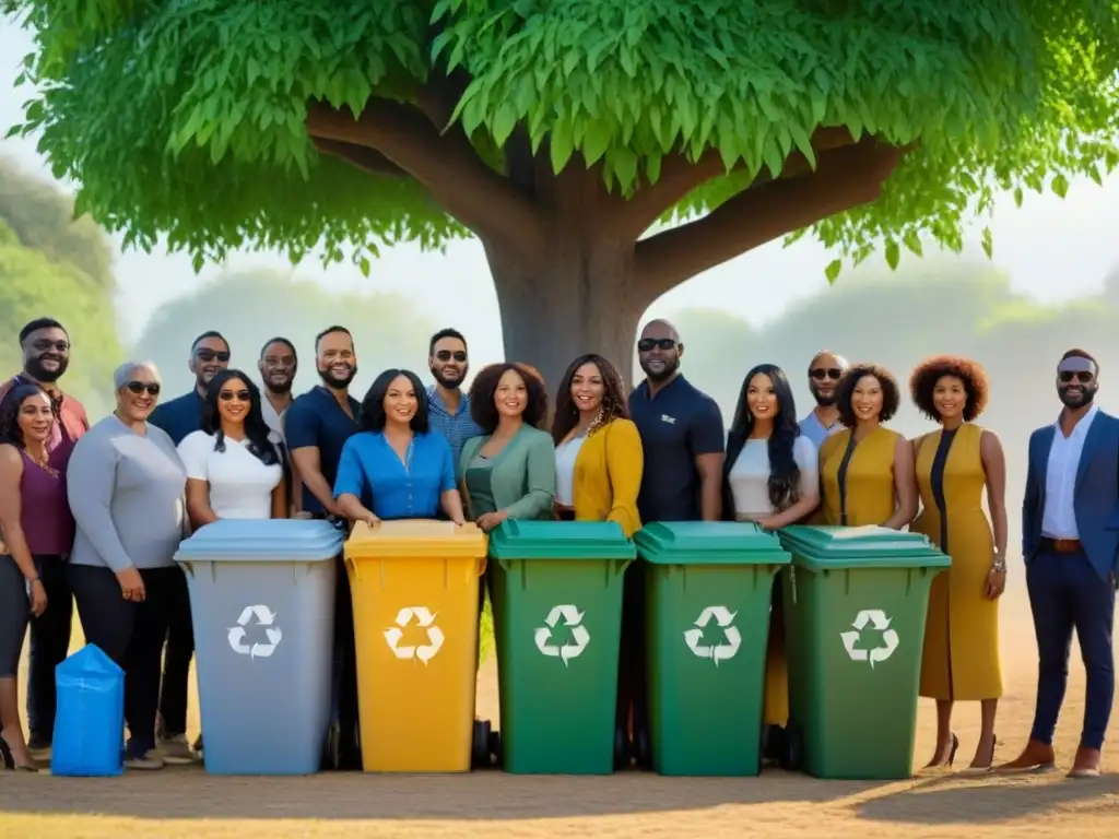 Una comunidad pequeña y unida recicla con entusiasmo bajo un árbol, simbolizando la sostenibilidad