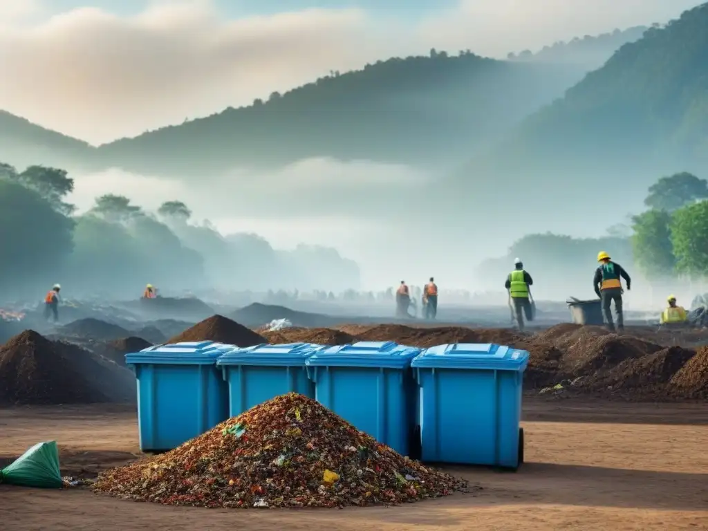 Comunidad reciclando residuos de construcción en un paisaje natural, soluciones sostenibles