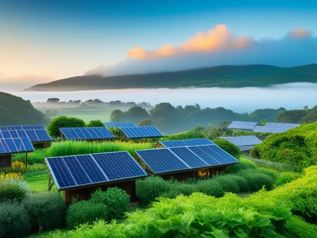 Comunidad sostenible en armonía con la naturaleza: casas ecológicas, paneles solares y jardines comunitarios bajo un cielo azul