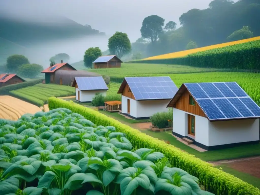 Comunidad sostenible en armonía con la naturaleza: casas ecológicas, huerto comunitario y prácticas ecoamigables