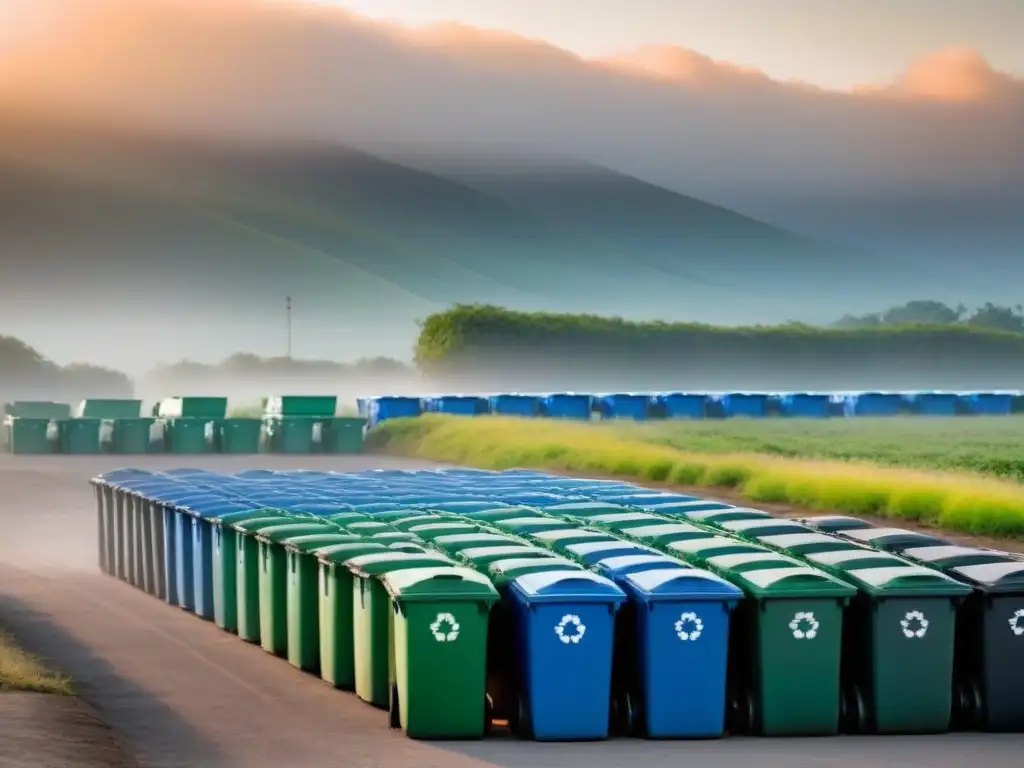 Comunidad sostenible reciclando al atardecer en un centro de reciclaje, en armonía con la naturaleza