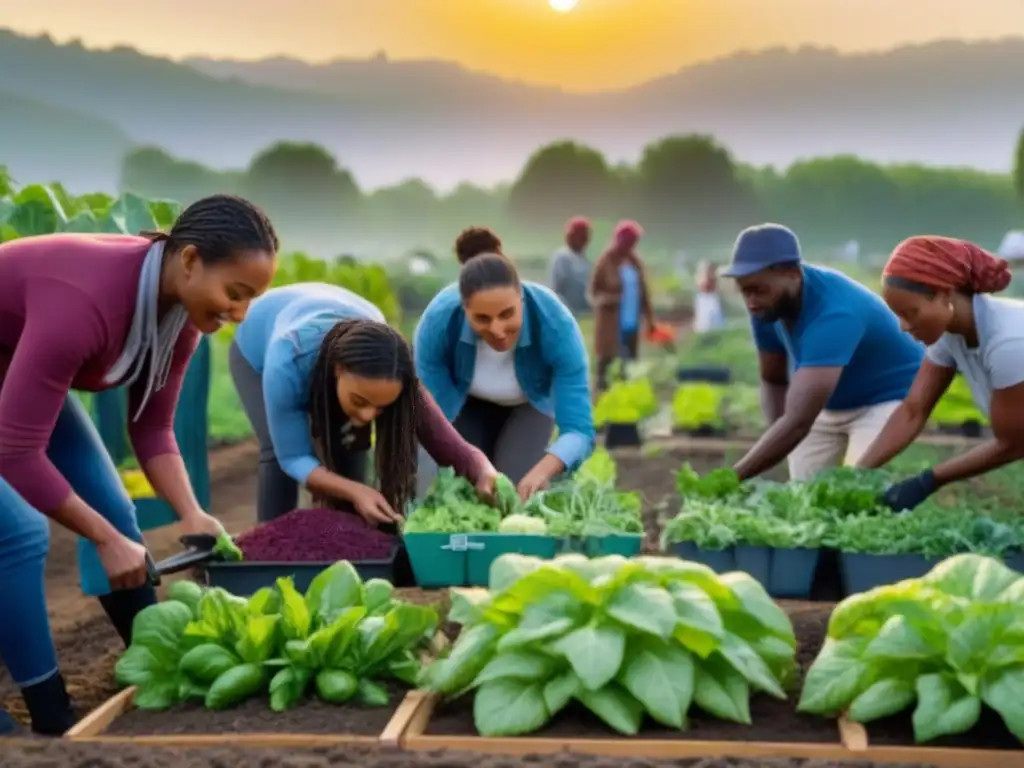 Comunidad sostenible reduciendo desperdicio en huerto comunitario con diversidad de personas cuidando plantas en detalle