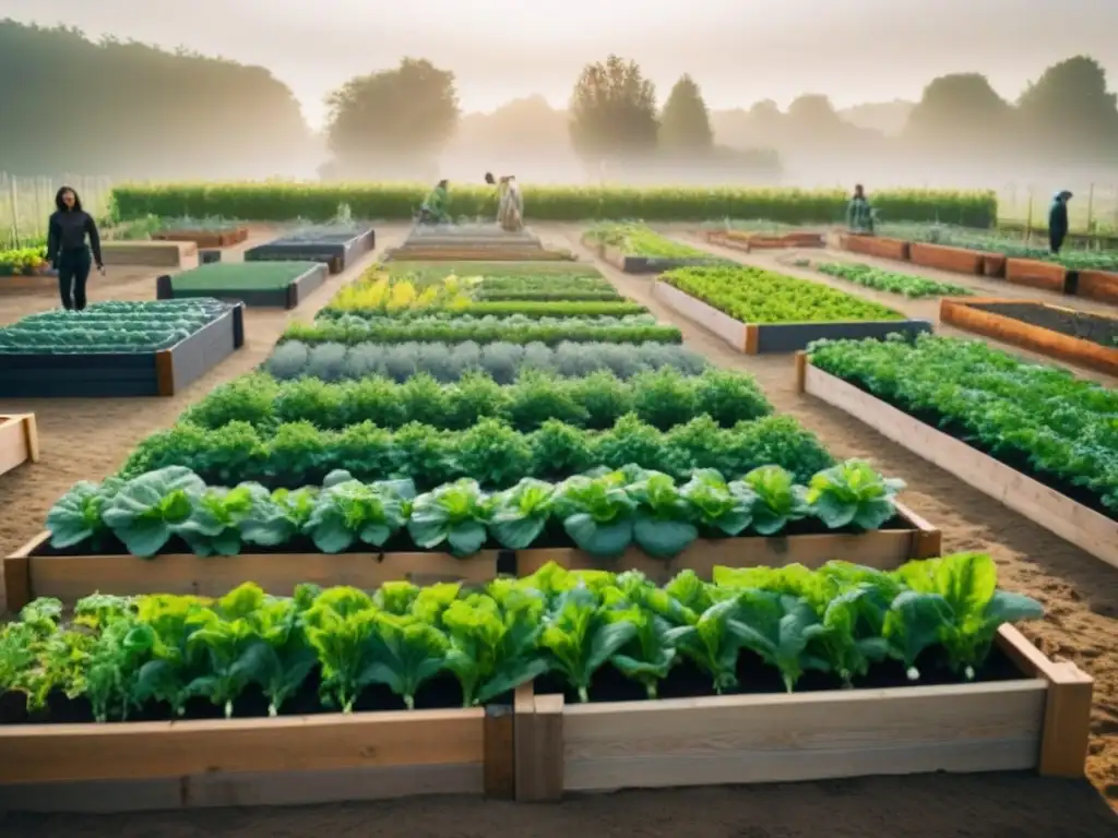 Una comunidad sostenible reduce desperdicio, con personas de diversas edades y culturas trabajando juntas en armonía en un huerto con camas elevadas y vegetales vibrantes en patrones geométricos bajo el sol