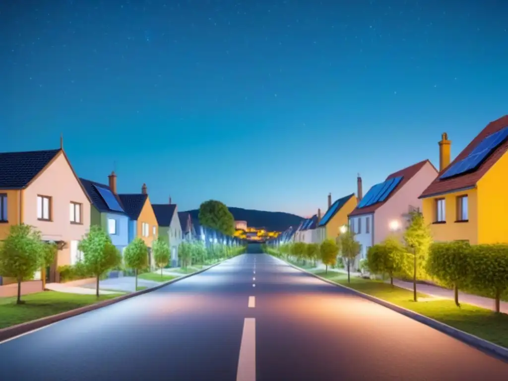 Una comunidad sostenible iluminada por luces solares, con residentes felices bajo un cielo estrellado