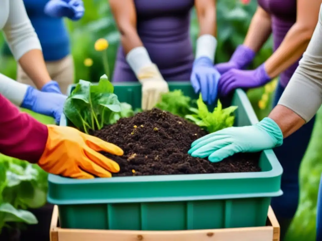 Comunidad sostenible compostando orgánicos en jardín comunitario, rodeados de naturaleza