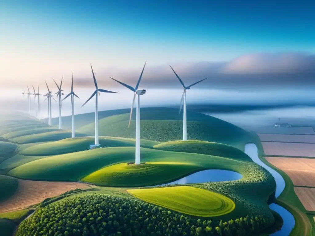 Arquitectura sostenible con molinos de viento elegantes Una comunidad sostenible con turbinas eólicas domésticas integradas en un paisaje moderno y minimalista