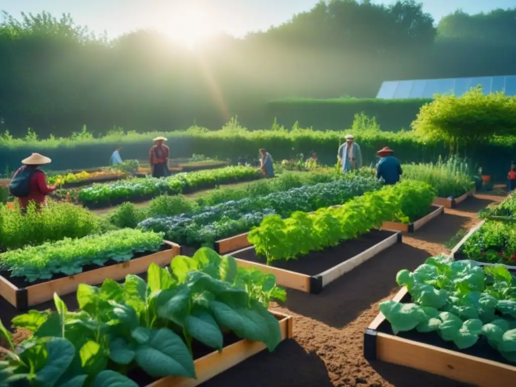 Comunidad sostenible: jardín verde con diversidad de plantas, camas elevadas y personas felices cuidando