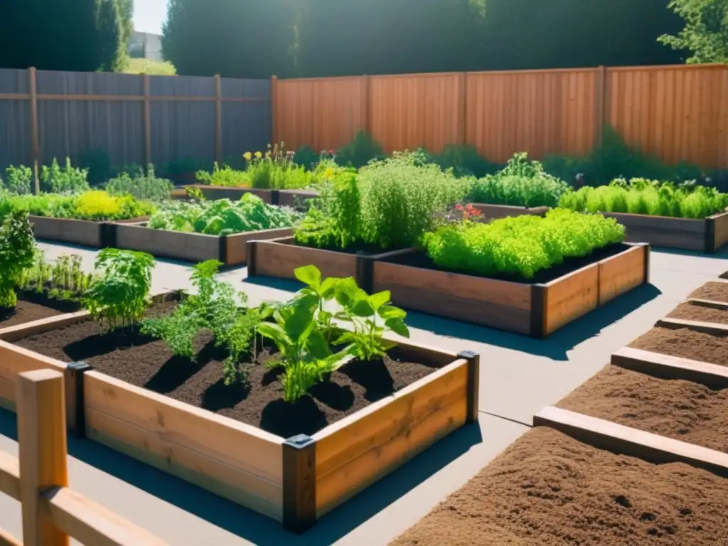 Comunidad sostenible con jardín, plantas verdes en camas elevadas, cerca de madera, compostera y herramientas de jardinería